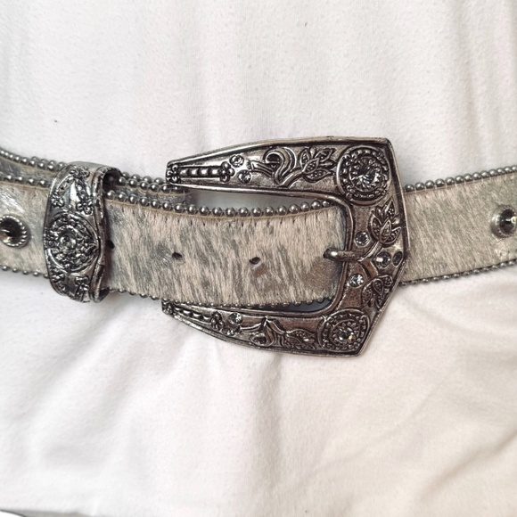 Leatherock Silver Hair-On Leather Belt Western Buckle Crystals